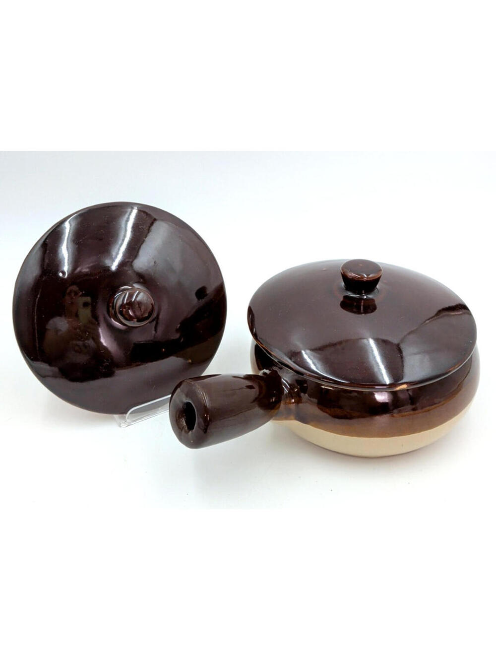 VTG 2-Tone Stoneware Pottery Brown Glaze Oven Proof Handled Soup Crock + 2 Lids